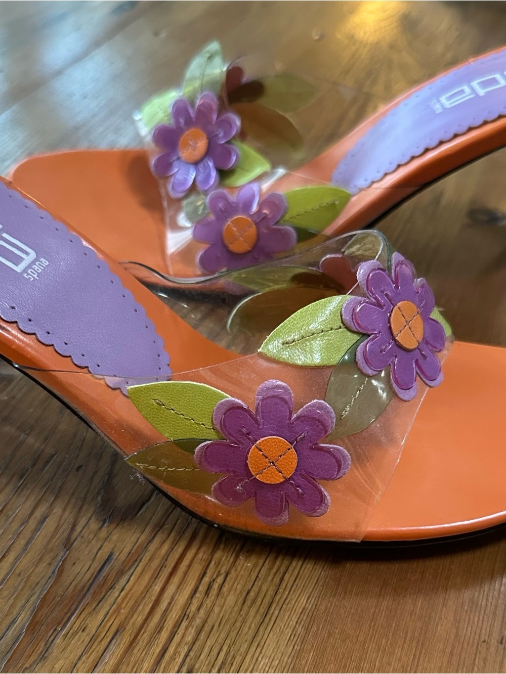 Floral Clear Strap Orange Sandals with Purple Accents. Beautiful Barbi colors!